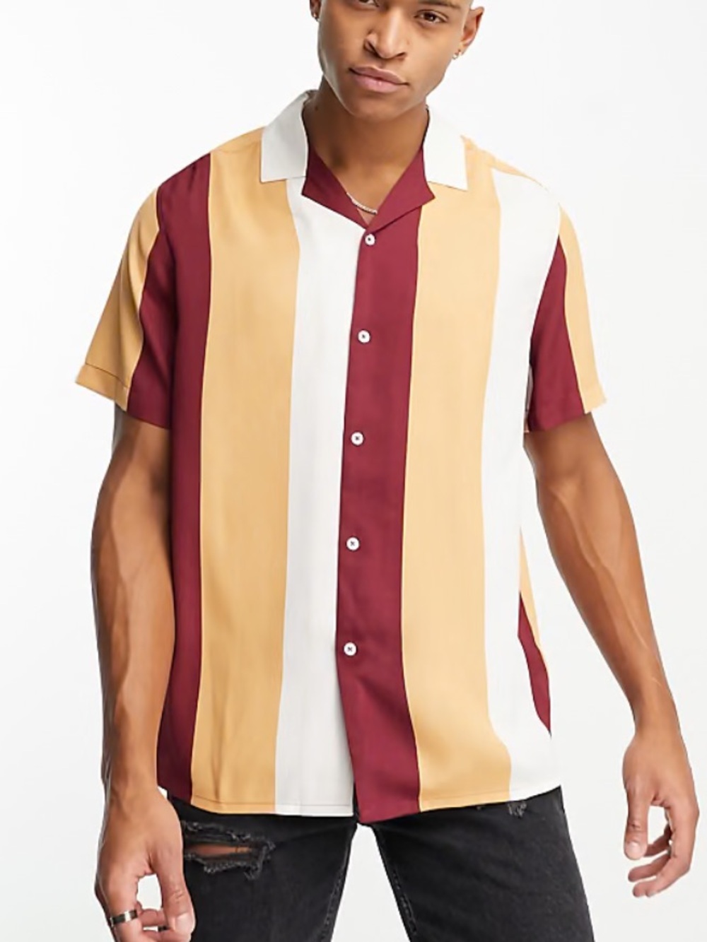 ASOS Vertical Stripe Short-Sleeve Shirt - Burgundy, Mustard & White